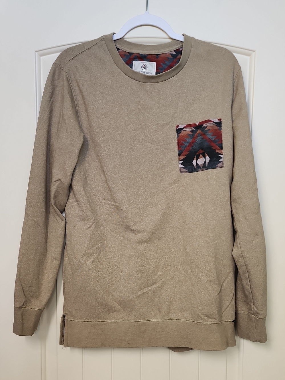 on the byas Taupe Crewneck Sweatshirt with Patterned Chest Pocket